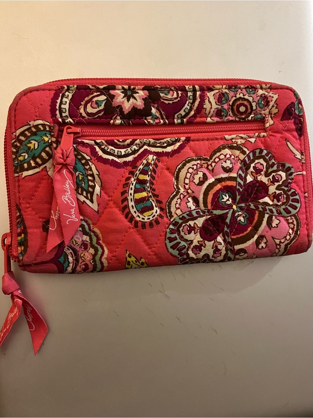 2/$25 - Vera Bradley Coral Pink Quilted Zip Wallet with Floral Paisley - Picture 2 of 3
